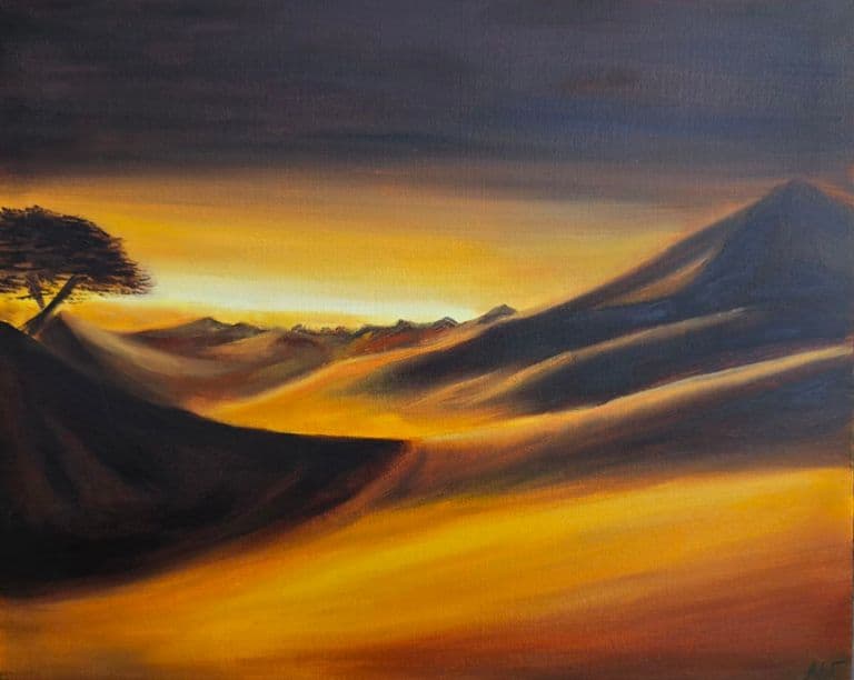 Pintura al óleo de un desierto con un árbol solitario bajo un cielo dramático — Mariia Galieva, 2023