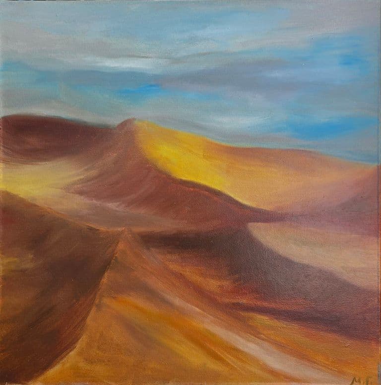 Corazón del desierto, pintura al óleo de paisaje desértico con dunas doradas y horizonte luminoso, obra de la artista Maria Galieva, 2023
