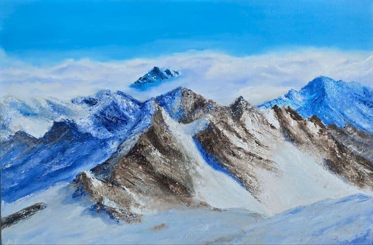 Cumbres del Futuro — panoramic oil painting of snowy mountain peaks above clouds symbolizing new horizons, by Mariia Galieva