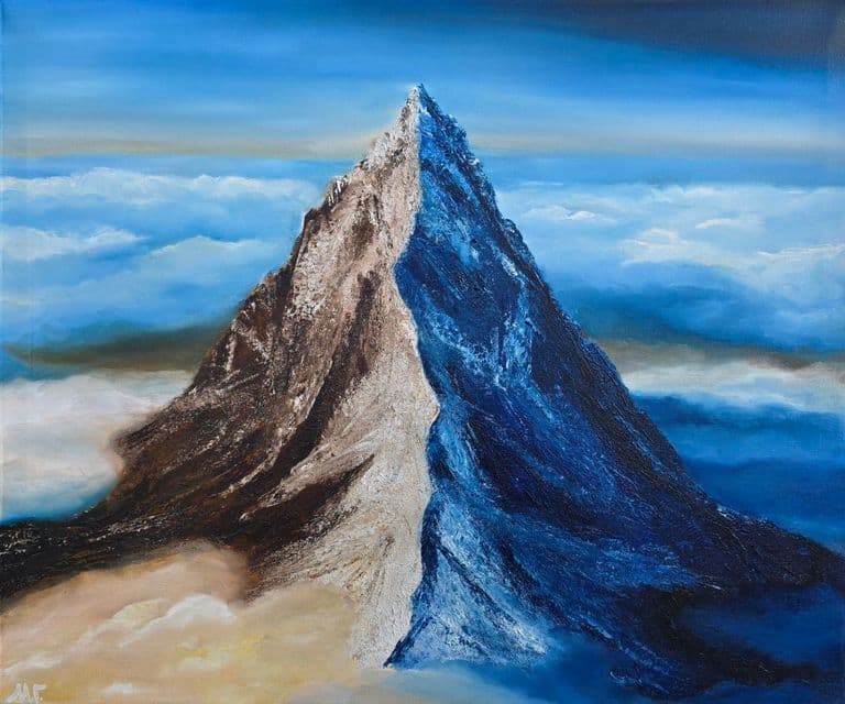 Dualidad — oil painting of a mountain peak above clouds divided by warm sunlight and cold shadow, by artist Mariia Galieva