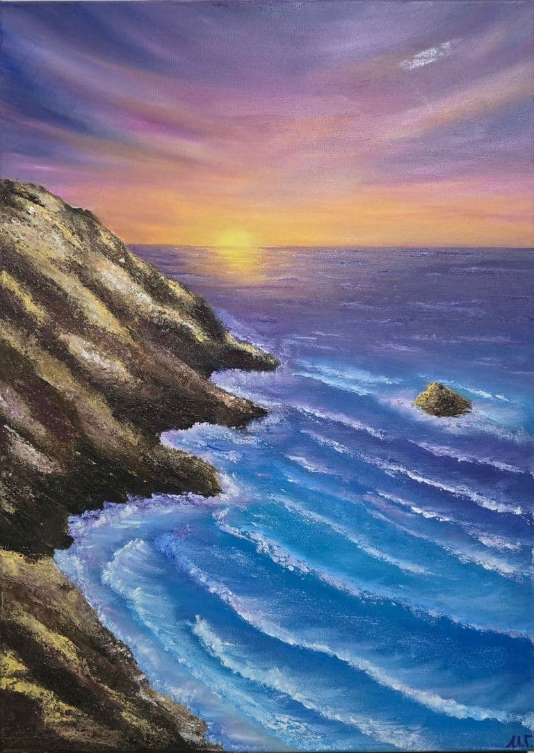 El Comienzo de la Luz — oil painting of a sunrise over the ocean with waves and rocky coast symbolizing renewal, hope and the beginning of light