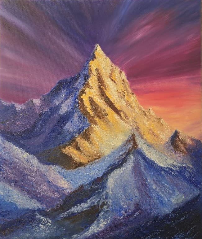 El Despertar de la Cumbre — oil painting of a luminous mountain peak at sunrise symbolizing awakening, inner strength and new heights