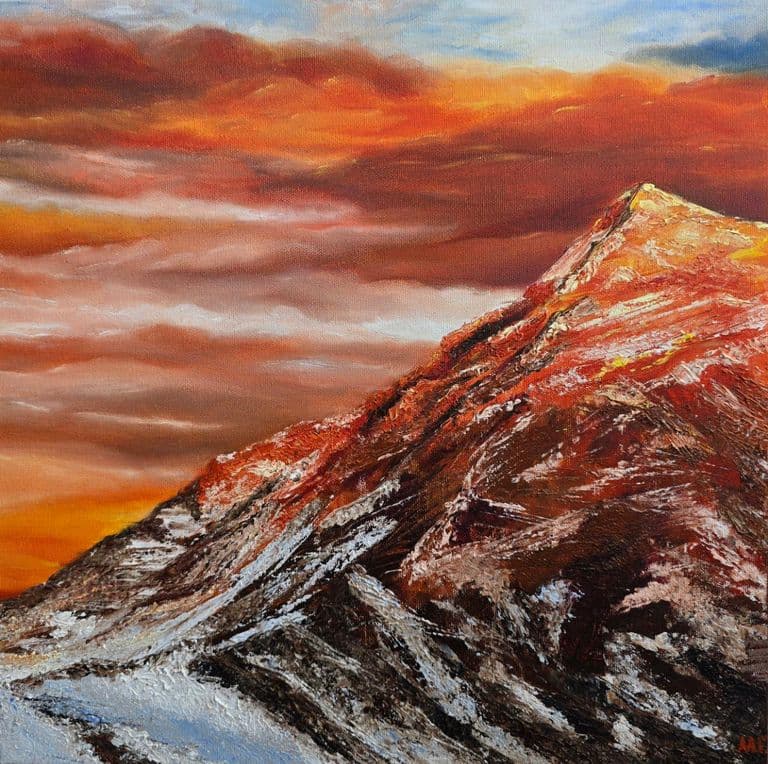 Everest: Última Luz — pintura al óleo del Monte Everest al atardecer, símbolo de cierre de un camino y ascenso personal
