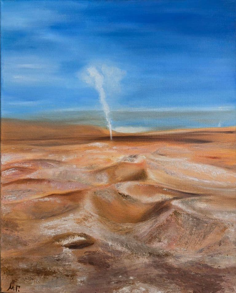 Pintura al óleo de los géiseres Sol de Mañana en Bolivia con vapor emergiendo del paisaje volcánico — Mariia Galieva