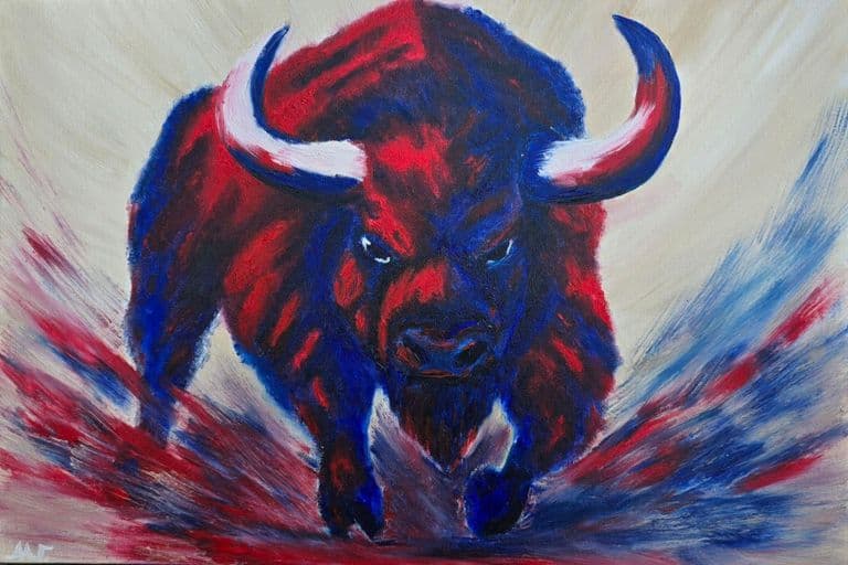 Let’s Go Buffalo — oil painting of a powerful charging buffalo inspired by the Buffalo Bills and the spirit of victory