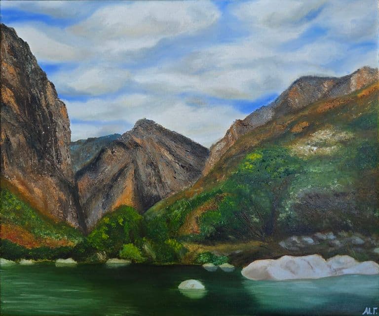 Pintura al óleo del paisaje de Xajhá en Hidalgo con montañas de mármol y agua turquesa — Silencio de Xajhá, Mariia Galieva